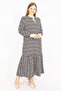 Women's Large Size Black Woven Viscose Fabric Hemline Tiered Long Sleeve Dress 65n35512
