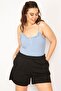 Women's Large Size Black Elastic Waist Shorts with Side Pockets 65n33177 - 6