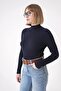Women's Soft Textured Ribbed Regular Fit Turtleneck Knitwear Sweater Navy Blue 25W3011 - 3