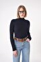 Women's Soft Textured Ribbed Regular Fit Turtleneck Knitwear Sweater Navy Blue 25W3011