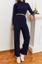 Women's Navy Blue Crop Ribbed Knitwear Top and Bottom Set with Finger Detail 85001045