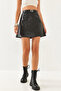Women's Black Belted Leather Skirt with Grass Detail 85001048