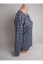 Women's Navy Blue Patterned V-Neck Long Sleeve Side Slit Seasonal Suede Mother Combed Cotton T-Shirt Blouse - 2