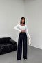 Women's Navy Blue High Waist Pleated Buttoned Lycra Stretch Fabric Oversize Comfortable Fit Palazzo Pants - 8