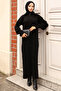 11028-09 Corded Knitwear Dress with Zippered Collar Black - 4