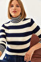 Women's White Navy Blue Turtleneck Striped Knitwear Sweater 20234209