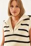Women's Cream Black Turtleneck Zippered Knitwear Striped Sweater 20234176 - 4