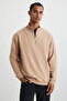 Bılboan Men's Organic Cotton Fleece Inside Zipper Stand Collar Back Printed Beige Sweatshirt