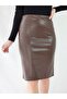 Brown Color Leather Pencil Skirt with Seam Front - 2