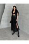 High Waist Double Belt Detailed Long Skirt with Side Slit - 8