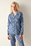 Leopard Printed Long Sleeve Navy Blue Shirt Pajama Set - 4