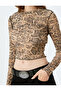 Slim Fit Crew Neck Long Sleeve Snake Skin Printed Crop T-Shirt - 5