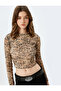 Slim Fit Crew Neck Long Sleeve Snake Skin Printed Crop T-Shirt