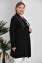 Women's Large Size Block Pattern Accessory Detail Front Open Midi Length Flexible Viscose Cardigan - 3