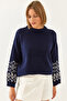 Women's Navy Blue Ecru Patterned Sleeves Knitwear Sweater 20234922