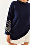 Women's Navy Blue Ecru Patterned Sleeves Knitwear Sweater 20234922 - 6