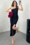 Women's Black One Shoulder Strap Slit Ottoman Fabric Dress - 2