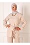 Balloon Sleeve Tunic and Trousers Set - Belt Detailed - Beige - Refka - 4