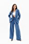 Double Breasted Collar Shiny Linen Blazer Jacket - Indigo - 3