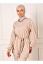 Balloon Sleeve Tunic and Trousers Set - Belt Detailed - Beige - Refka - 3
