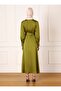 Olive Green Satin Hijab Belted Dress - 5