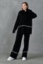 Stretchy Knitwear Stripe Detail Oversize Sweater and High Waist Wide Leg Trousers Black Knitwear Suit 3040 - 6
