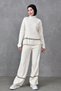 Stripe Detailed Stand Collar Sweater and High Waist Pants Oversize Bottom Top Knitwear Ecru Hijab Set 3040 - 6