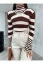 Women's Brown Striped Soft Textured Lycra Basic Knitwear Sweater - 6