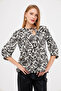 Women's Black-White Collar Tie Detailed Drawstring Quarter Sleeve Blouse Arm-25K 001044