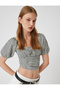 Balloon Sleeve Crop Blouse Gingham Wrinkled Square Collar - 2