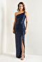 Women's Navy Blue One Shoulder Slit Long Evening Dress - 3