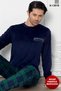 Navy Blue Men's Velvet Winter Pajamas Set Crew Neck Long Sleeve, Green Checked Bottom Pajamas - 3