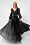 Women's Black Slim Fit Double-Breasted Collar Glitter Long Flared Evening Dress