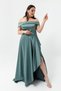 Women's Turquoise Boat Neck Plus Size Satin Evening Dress & Graduation Dress - 2