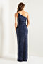 Women's Navy Blue One Shoulder Slit Long Evening Dress - 5