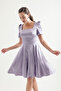 Women's Lilac Balloon Sleeve Flared Cut Mini Satin Evening Dress