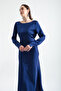 Women's Navy Blue Back Low-cut Midi Satin Evening Dress - 2