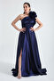Women's Navy Blue One Shoulder Ruffle Long Evening Dress - 4