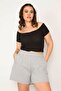 Women's Large Size Gray Elastic Waist Shorts with Side Pockets 65n33176