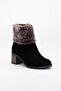 Women's Heeled Boots Black Suede Fur Zippered Oval Toe - 4