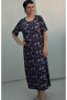 Navy Blue Floral Print Short-Sleeved Combed Cotton Viscose Dress