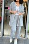 Women's Gray Sequin Star Back Detail Button Closure Hooded Cotton Linen Long Cardigan Cap - 2