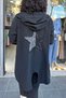Black Sequined Star Back - Button Detailed Hooded Cotton Linen Long Cardigan