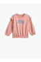 Ruffle Detailed Printed Sweatshirt Long Sleeve Crew Neck with Elastic Cuffs and Waist