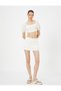 Balloon Sleeve Crop Blouse Drawstring Front Tie Square Neck Cotton - 2