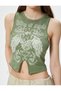 Crop Sleeveless T-Shirt Printed Asymmetric Cut Front Crew Neck Cotton - 5