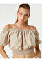 Off Shoulder Crop Blouse with Elastic Waist Linen Blend