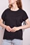 Lycra-free Cotton Wide Crew Neck Drop Shoulder Sleeves Lace-up T-shirt - black - 6