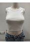 White Halter Neck Crop Top Darkalıp Ribbed Thin Bias Bustier - 2