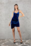 Cobalt blue Strap Double Breasted Collar Velvet Dress Emr-070